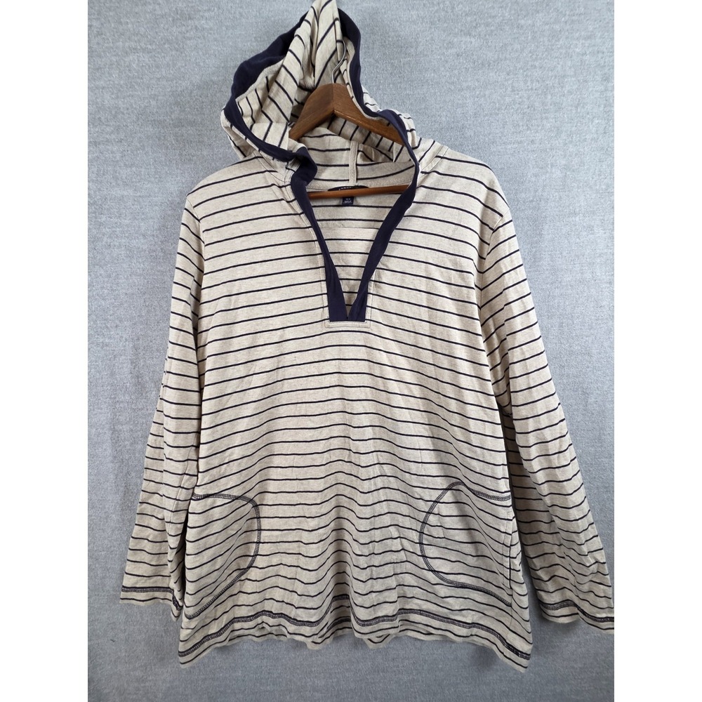 Lands End Womens 14-16 Pullover Knit Hoodie Linen‎ Blend Beige Stripe V Neck
